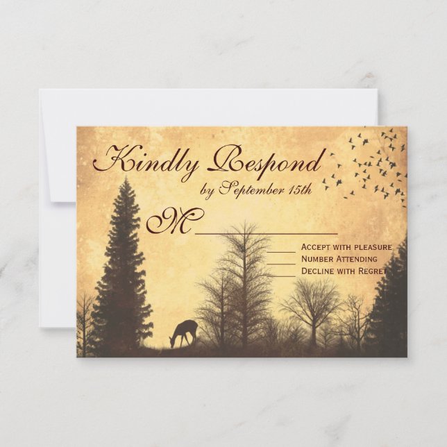 Cartons Réponse Cerfs rustiques dans les arbres Mariage campagnard (Devant)