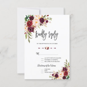Cartons Réponse Charm Bourgogne Floral Mariage écriture manuscrite
