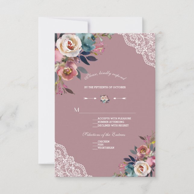 Cartons Réponse Charme Dusty Blue Dusty Rose Floral Mariage (Devant)