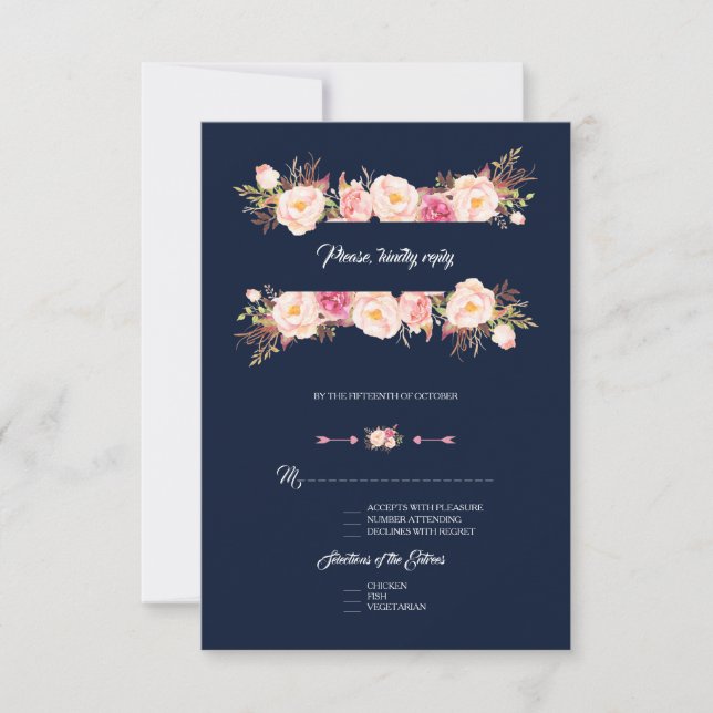 Cartons Réponse Charme rose Floral Cadre bleu marine Mariage (Devant)