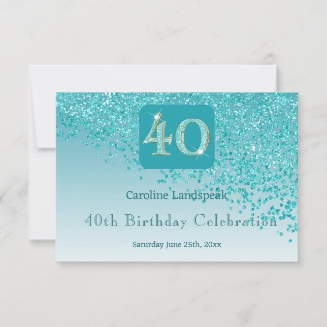 Cartons Réponse Chic 40 Anniversaire Turquoise Parties scintillant (Devant)