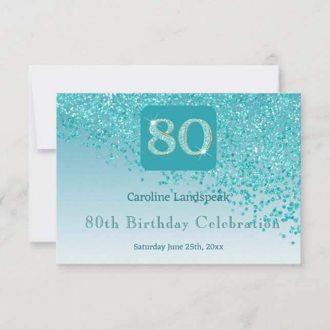 Cartons Réponse Chic 80 Anniversaire Turquoise Parties scintillant (Devant)