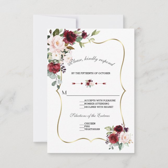 Cartons Réponse Chic Aquarelle Bourgogne Blush Floral Mariage or (Devant)
