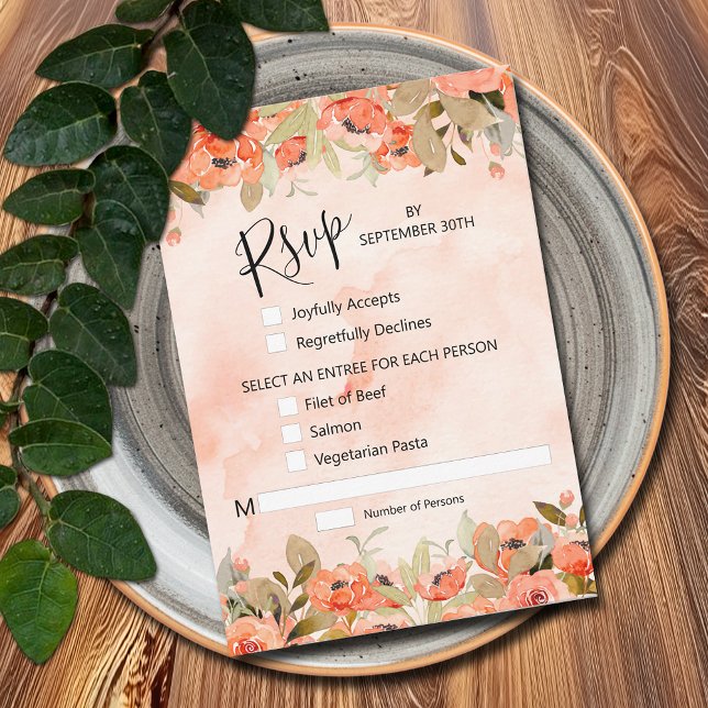 Cartons Réponse Chic aquarelle Floral (Watercolor Orange Floral RSVP Cards with menu selections)