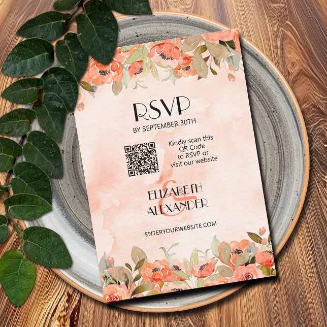 Cartons Réponse Chic aquarelle Floral QR Code (Watercolor Orange Floral RSVP Cards with website QR Code)