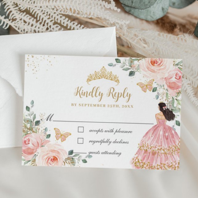Cartons Réponse Chic Blush Floral Princess Quinceañera Gold Crown (Créateur téléchargé)