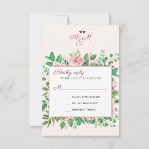 Cartons Réponse Chic Bourgogne et Blush Floral Mariage Monogramme