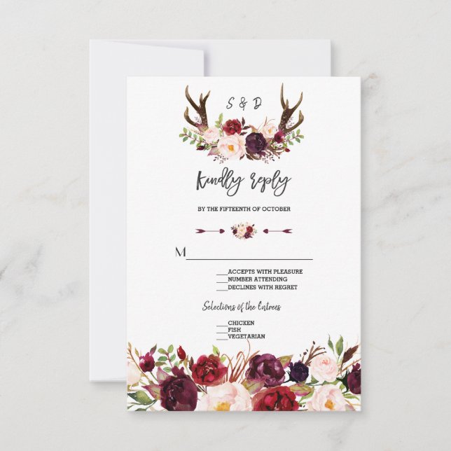 Cartons Réponse Chic Bourgogne Floral Antlers écriture manuscrite  (Devant)