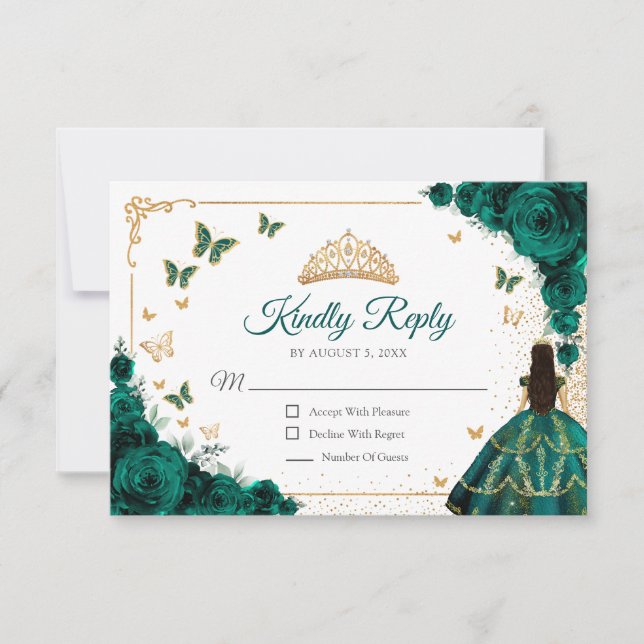 Cartons Réponse Chic Emerald Green Roses Gold Quinceanera Reply (Devant)
