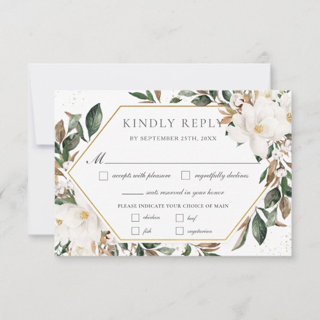 Cartons Réponse Chic Ivory Magnolia Floral Greenery Repas Mariage (Devant)