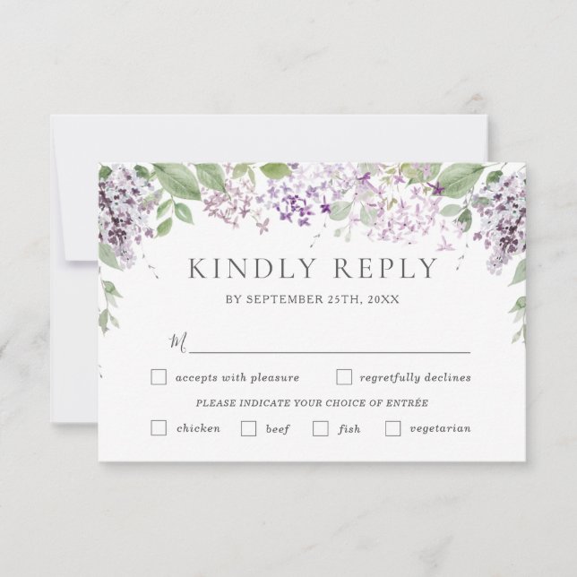 Cartons Réponse Chic Lilac Purple Floral Mariage Choix de repas (Devant)