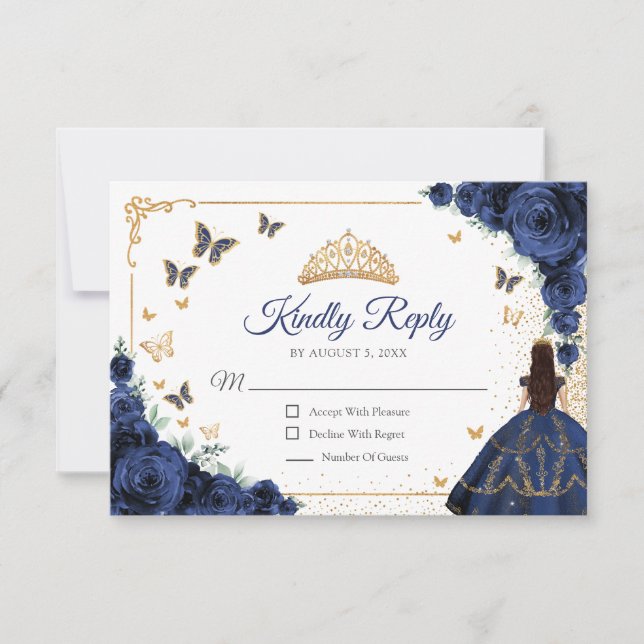 Cartons Réponse Chic Navy Roses Gold Quinceanera Reply (Devant)
