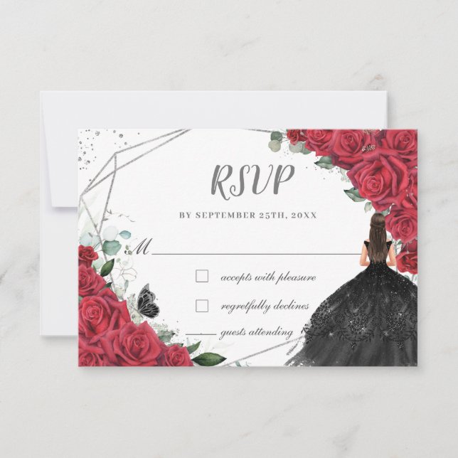 Cartons Réponse Chic Rouge Floral Roses Argent Quinceañera Princes (Devant)