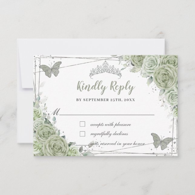 Cartons Réponse Chic Sage Vert Floral Argent XV 15 16 Quinceañera (Devant)