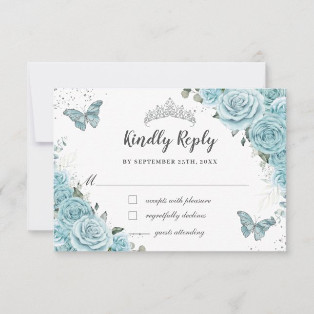 Cartons Réponse Chic Turquoise Bleu Floral Quinceañera Papillons (Devant)