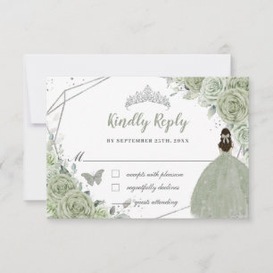 Cartons Réponse Chic Vert Sauge Floral Argent Quinceañera Princess