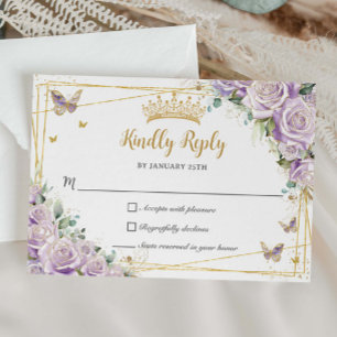 Cartons Réponse Chic violet Lilac Rose Floral Gold 15 Quinceañera