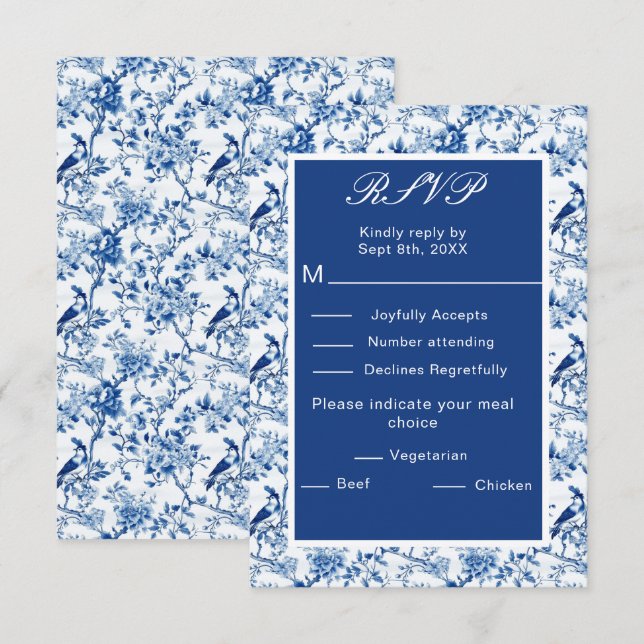 Cartons Réponse Chinoiserie Blue Birds and Flowers Mariage (Devant / Derrière)