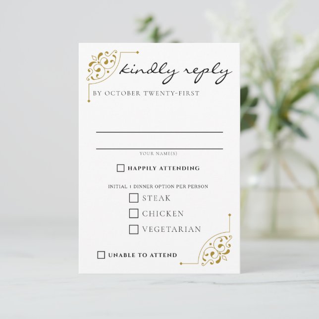Cartons Réponse Choix alimentaires de Mariage campagnard noir et o (Debout devant)