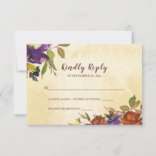 Cartons Réponse Chute Floral Violet Brûlé Orange Jaune Mariage (Devant)