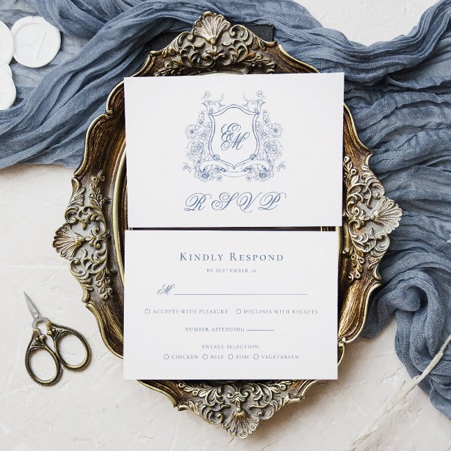 Cartons Réponse Cimier Floral Bleu Monogramme Mariage élégant (Créateur téléchargé)