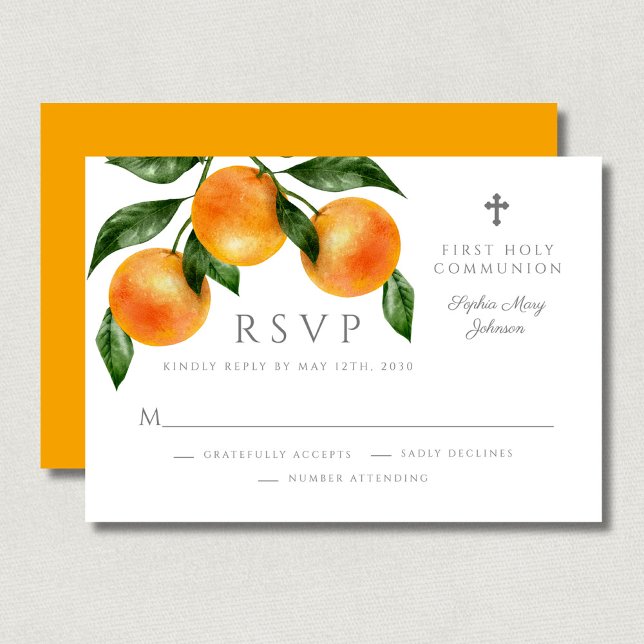Cartons Réponse Citrus botanique moderne Première communion religi (Modern Botanical Citrus Religious First Communion RSVP Card)