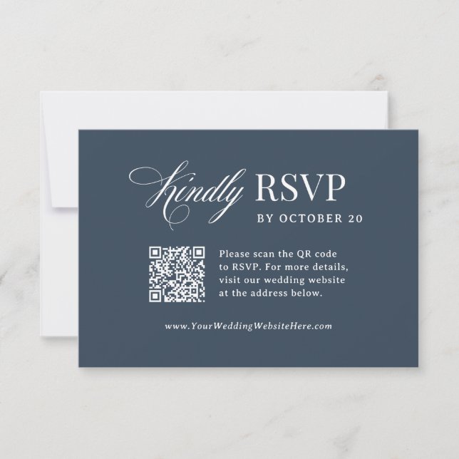 Cartons Réponse Classique Luxe | Code QR de mariage scannable bleu (Devant)