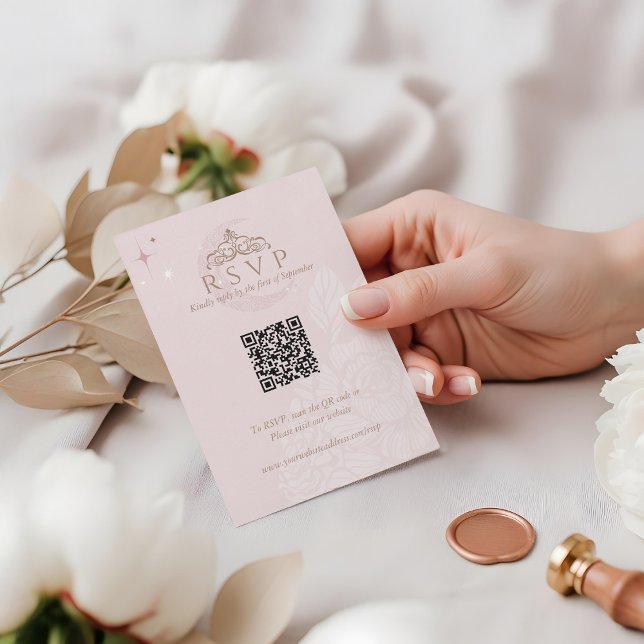 Cartons Réponse Classy Floral Moon Stars Tiara Quinceañera QR Code (Classy Floral Moon Stars Tiara Quinceañera QR Code RSVP Card)