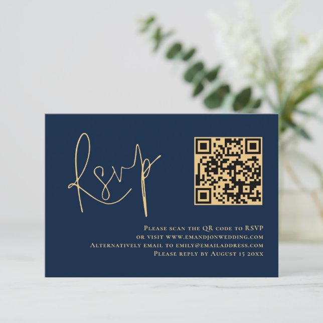 Cartons Réponse Classy Gold Script Marine Bleu QR Code Mariage RSV (Debout devant)