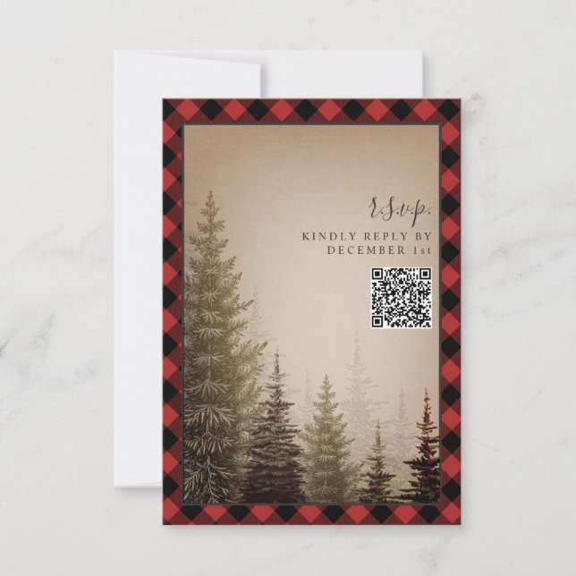 Cartons Réponse Code QR de mariage à carreaux rustiques avec arbre (Devant)