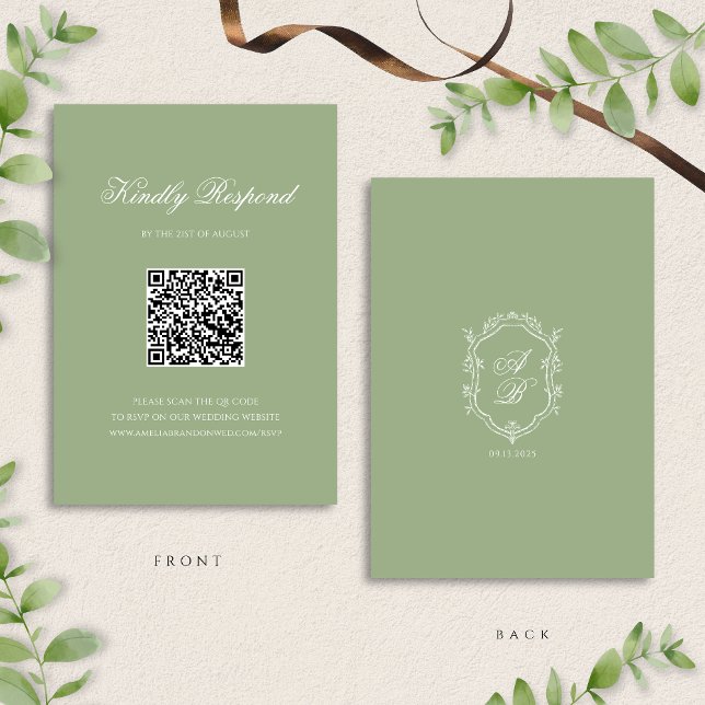 Cartons Réponse Code QR de mariage au monogramme classique vert sa (Créateur téléchargé)