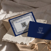 Code QR de mariage bleu royale dentelle napperon V
