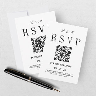 Cartons Réponse Code QR de mariage élégant monogramme noir blanc
