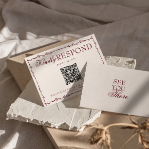 Cartons Réponse Code QR de mariage floral burgundy chic et argent
