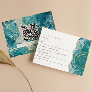 Cartons Réponse Code QR de mariage moderne en agate dorée turquois