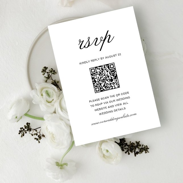 Cartons Réponse Code QR de mariage simple formel blanc et noir (Simple white and black QR code RSVP cards make guest responses easy and seamless.)
