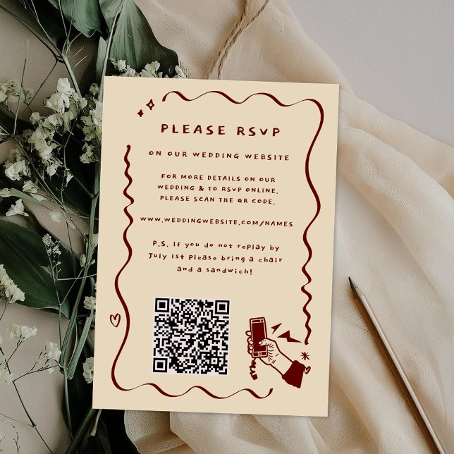 Cartons Réponse Code QR de site Web de mariage | Doodle Rétro Fant (Créateur téléchargé)