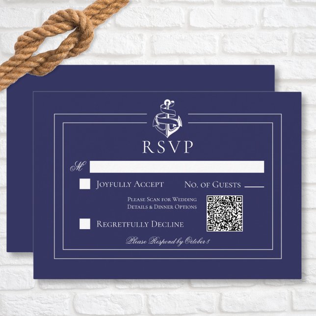 Cartons Réponse Code QR du Mariage d'Ancres nautiques bleu marine (Navy Blue Nautical Wedding Response Card with QR Code)