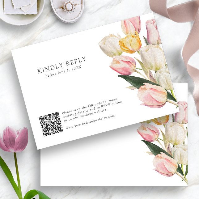 Cartons Réponse Code QR du printemps (Spring Watercolor Tulips QR Code RSVP Card by Painted Paperie
)