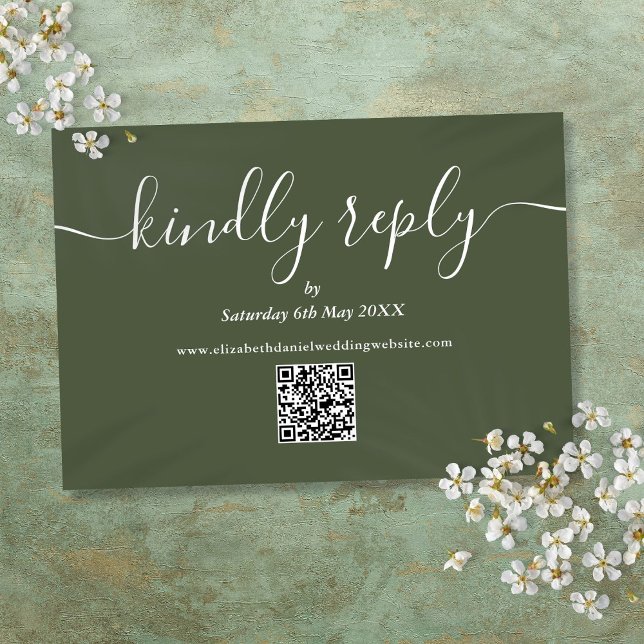 Cartons Réponse Code QR Élégant Script Répondre avec Gentillesse V (QR Code Elegant Script Kindly Reply Olive Green RSVP Card)