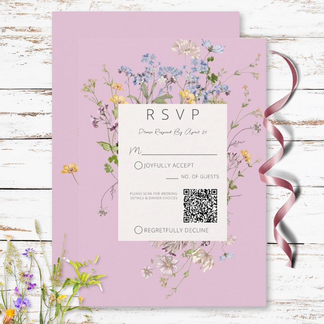 Cartons Réponse Code QR Fleur sauvage rose Boho délicat (Delicate Boho Wildflowers Pink QR Code RSVP Card)