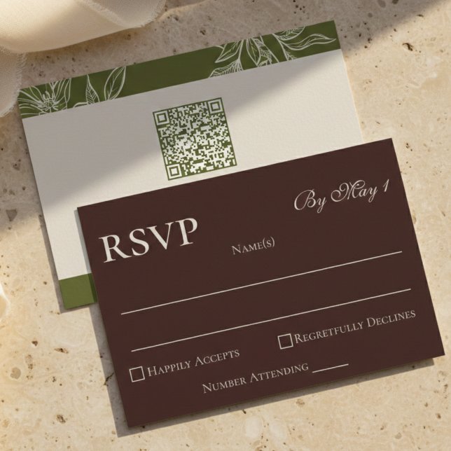 Cartons Réponse Code QR floral marron rustique (Rustic Brown Floral QR RSVP Card)