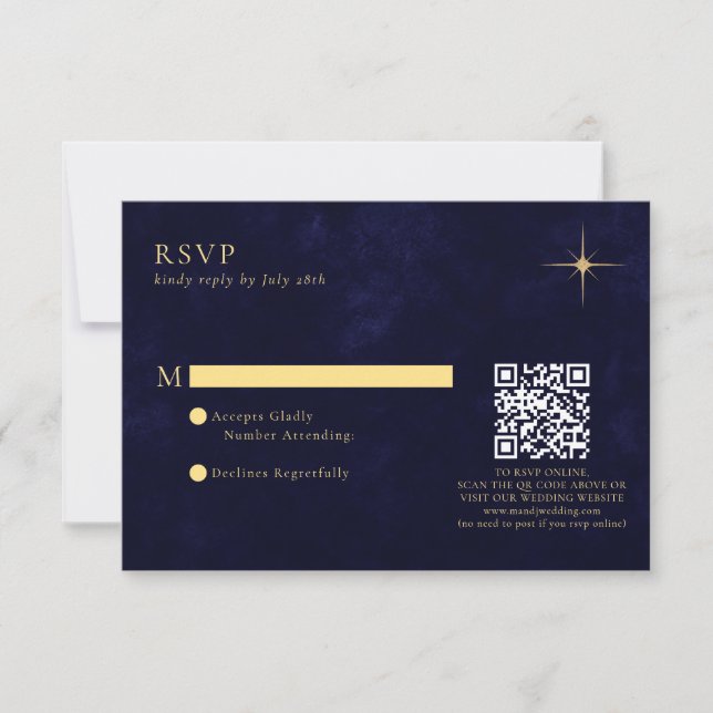 Cartons Réponse Code QR Mariage des étoiles d'or céleste bleu minu (Devant)