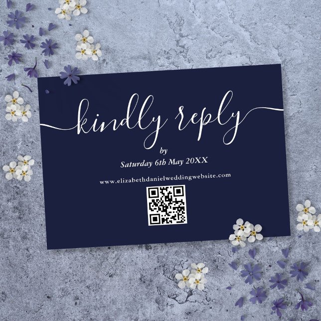 Cartons Réponse Code QR Script Répondre avec plaisir Mariage bleu  (QR Code Script Kindly Reply Navy Blue Wedding RSVP Card)