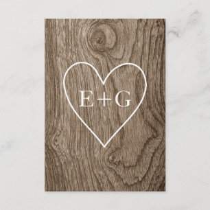Cartons Réponse Coeur avec initiales grain de bois mariage rustiqu