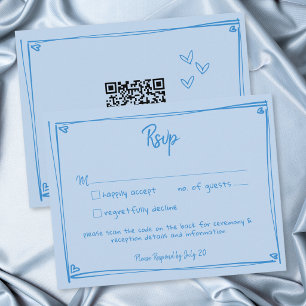 Cartons Réponse Cœur Bleu Dessiné à la Main Mariage Moderne QR Fan