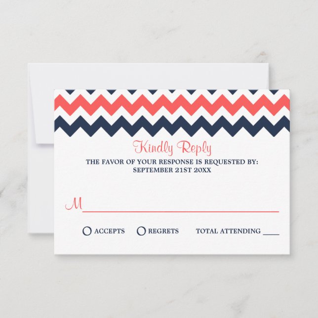 Cartons Réponse Collection Mariage moderne Chevron Marine & Coral (Devant)