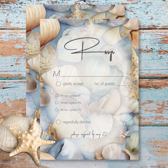 Cartons Réponse Coquillages tropicaux scène mariage moderne dîner (Tropical Seashells Scene Modern Wedding Dinner RSVP Card)