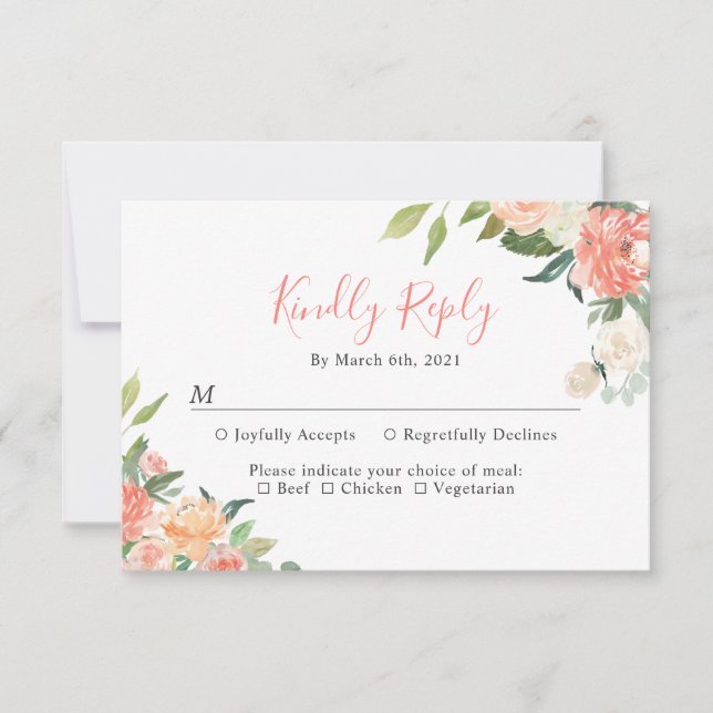 Cartons Réponse Coral Peach Aquarelle Jardin Floral Mariage (Devant)
