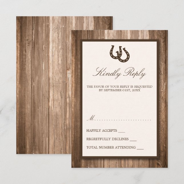 Cartons Réponse Country Rustic Horseshoe & Brown Wood Mariage (Devant / Derrière)